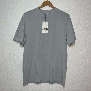 ZARA Men’s Light Gray Blue Short Sleeve T-Shirt Medium 100% Cotton NWT New